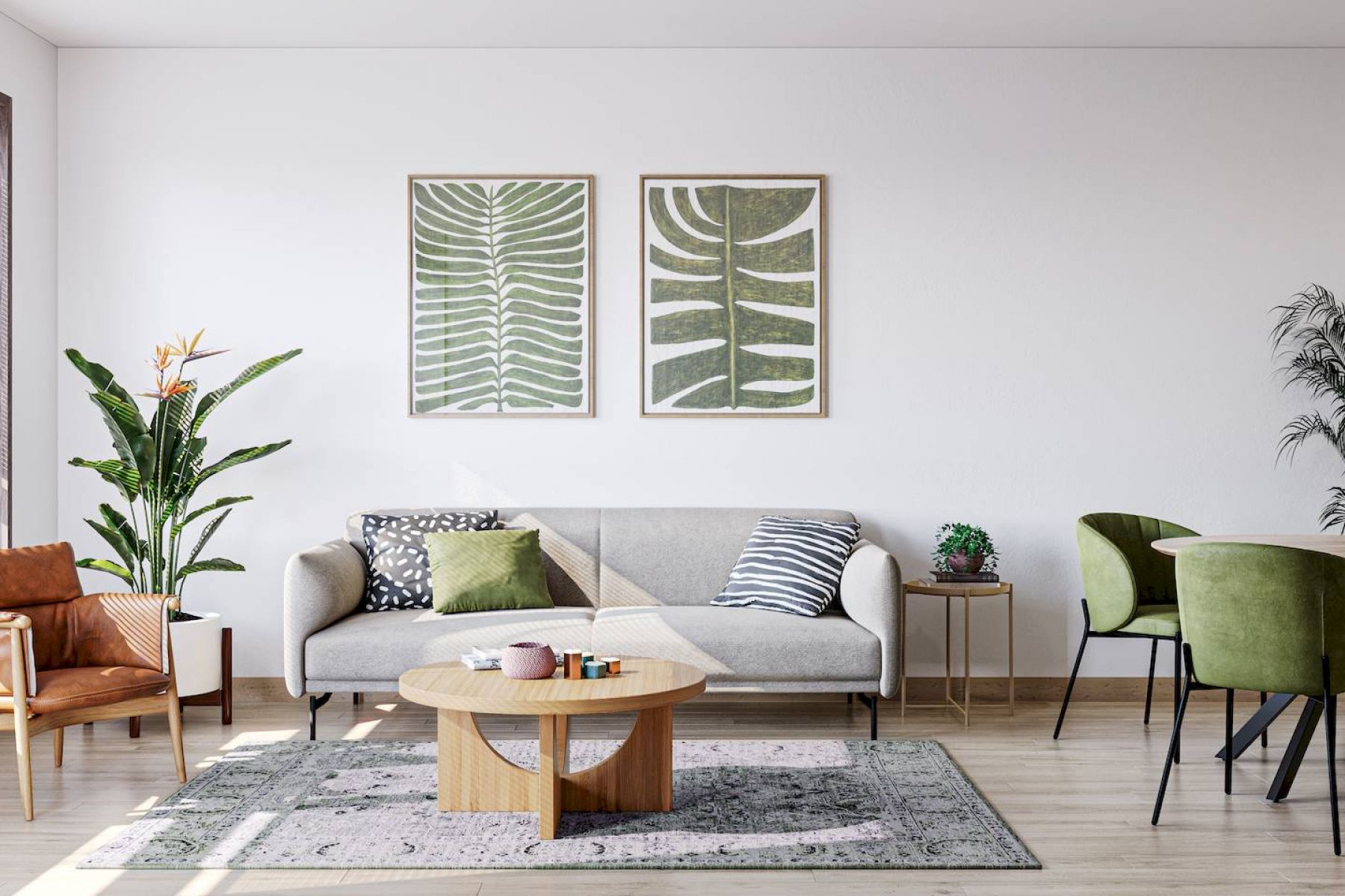 Modern living room with large windows, green plants, a sofa, armchair, round table, and kitchen area.