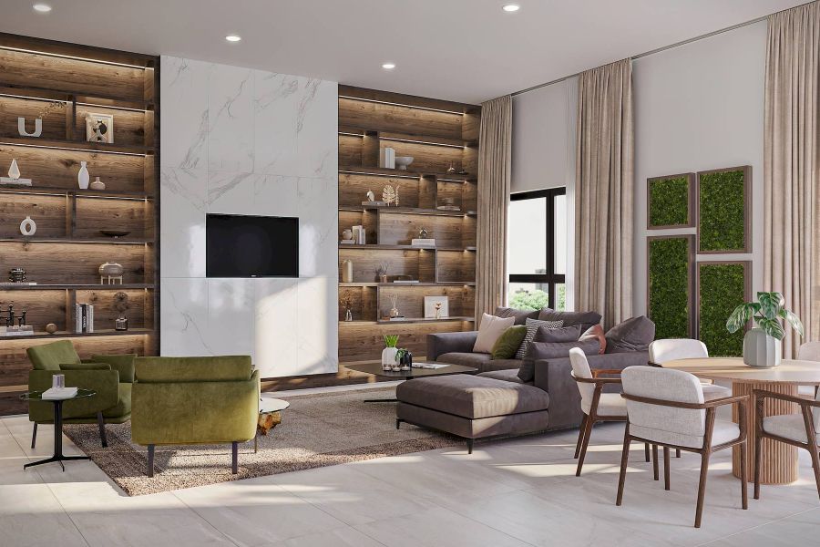 Modern living room with wood shelving, green chairs, a sectional sofa, and dining area with natural light.